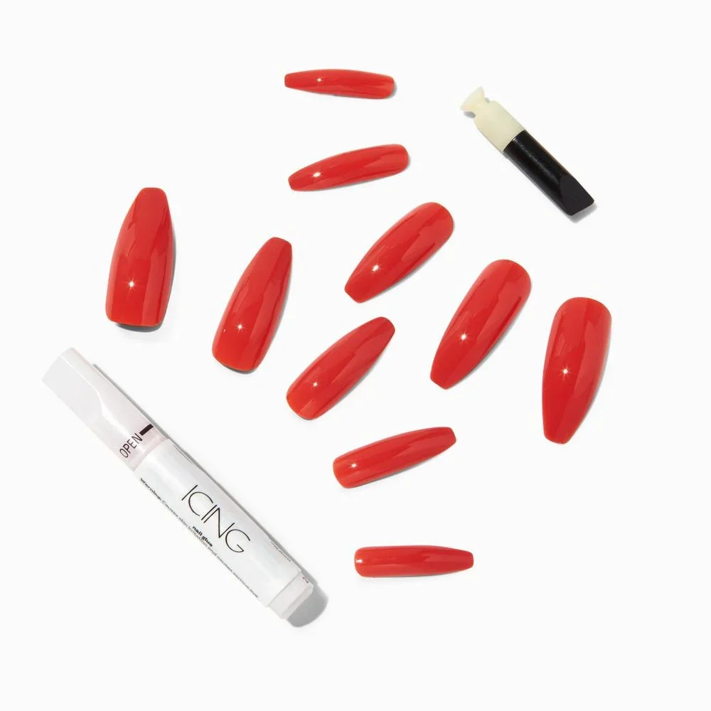 NEW GLOSSY RED XL COFFIN VEGAN FAUX NAIL SET - 24 PACK